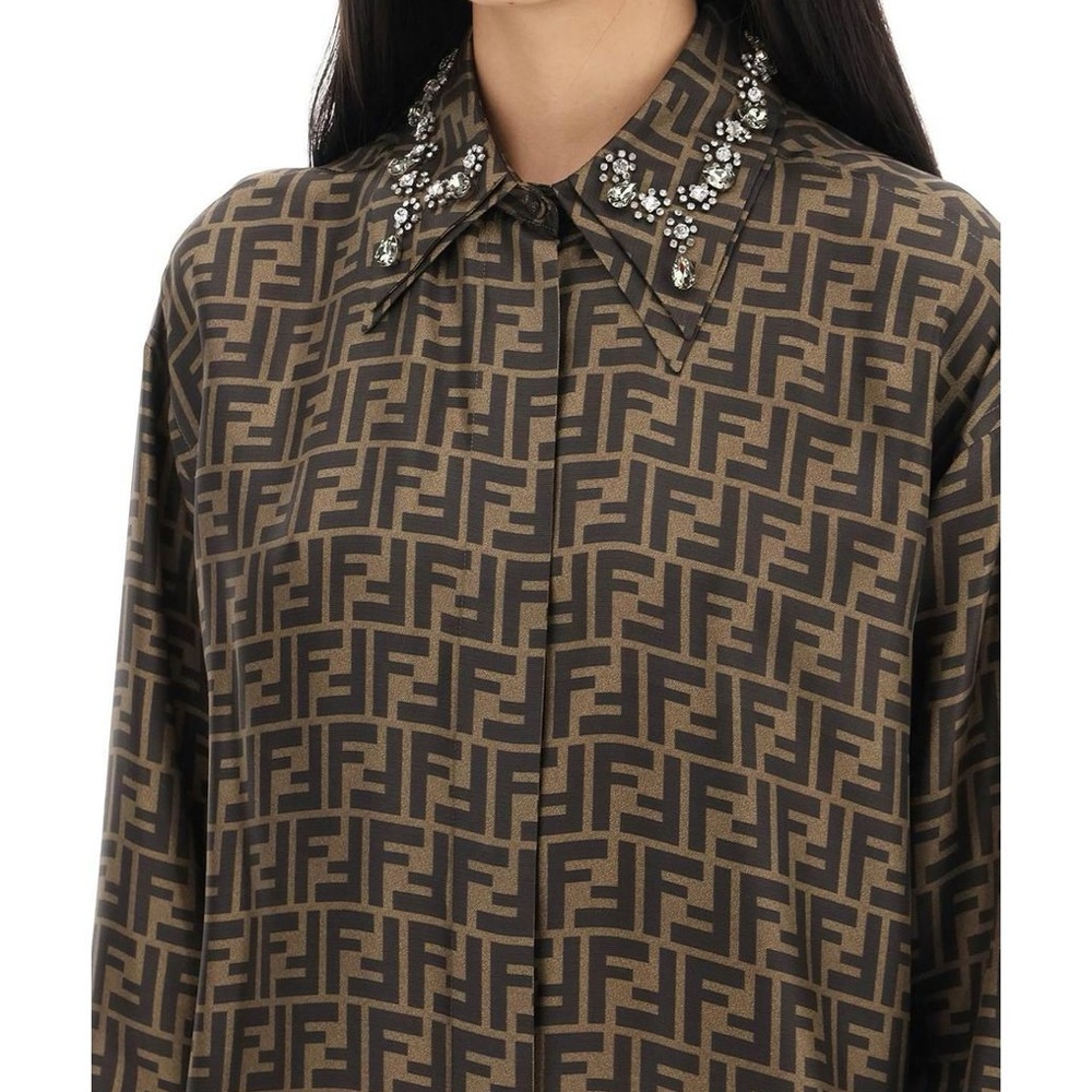 NWT Fendi Brown Logo Silk Shirt Dress with Long Sleeves & Crystals